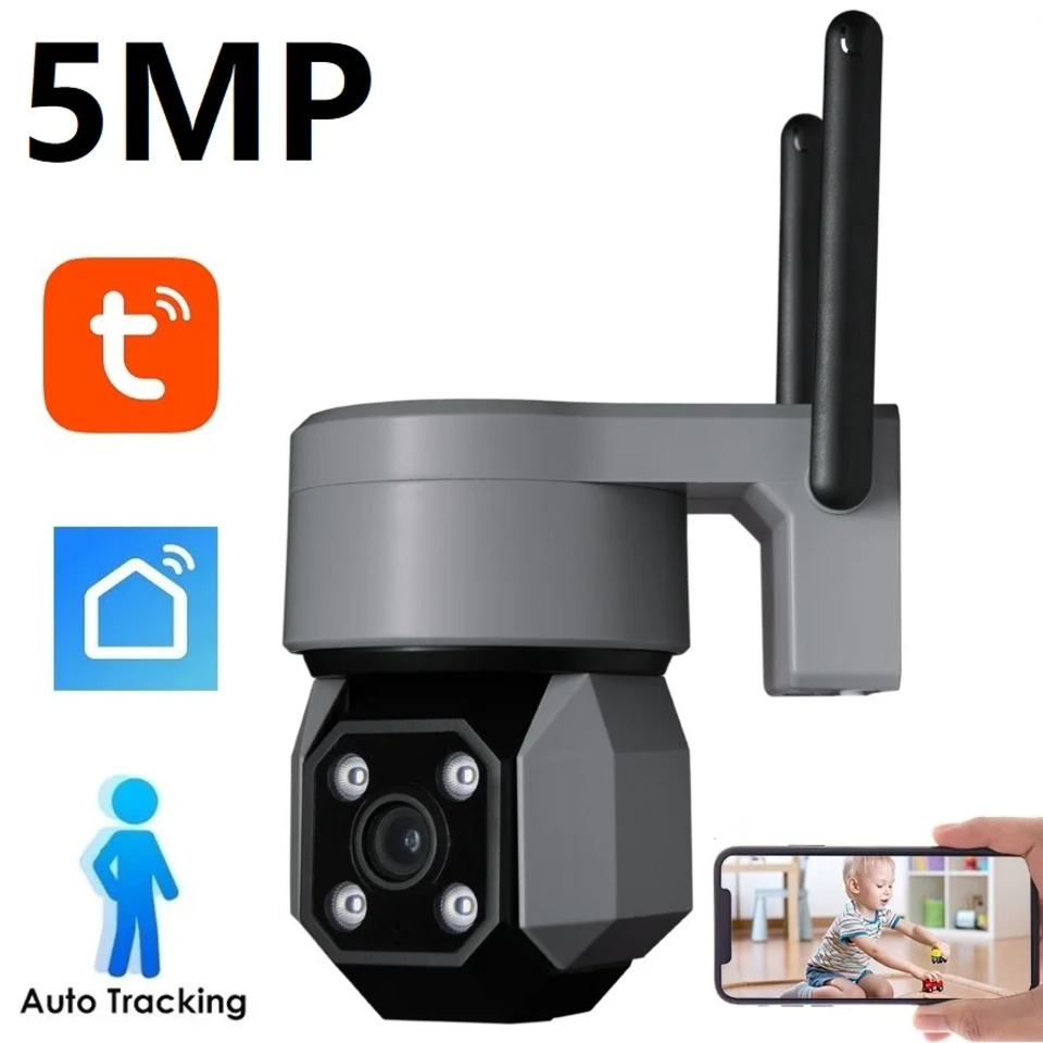 5MP Tuya Smart Life WiFi Surveillance PTZ camera Auto Tracking Ai Human Detection Color Night Vision Waterproof Home Security