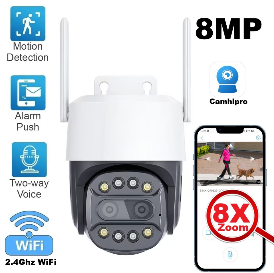 Camhipro 8MP 8X Digital Zoom PTZ WiFi Camera Two Way Audio Waterproof Vandal proof Floodlight Motion Detection for Home Security