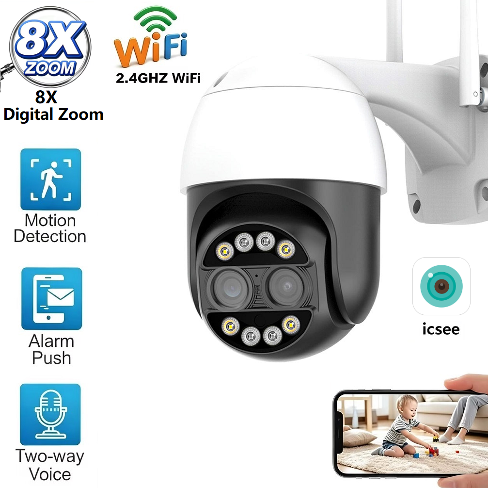 icsee dual lens 8MP 8X digital zoom PTZ WiFi camera