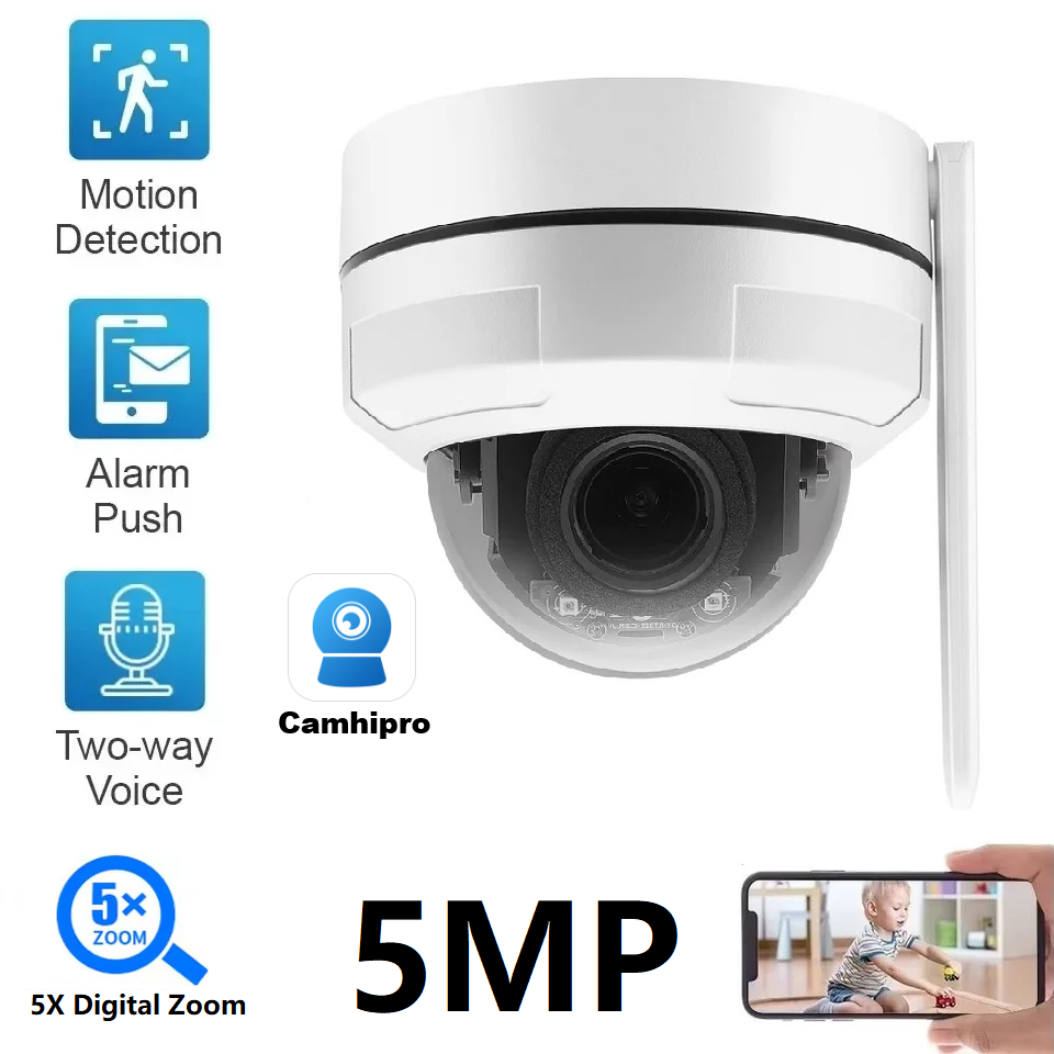 Camhipro 5MP 5X Digital Zoom PTZ Dome WiFi IP Camera Vandalproof Waterproof